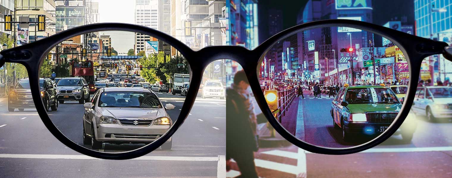 split image of a city during the day and night seen through the glasses